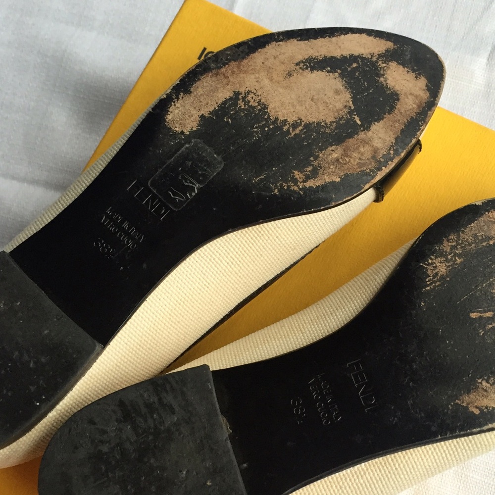 Fendi FF Buckle Pointed Toe Flats Cream Canvas Black Patent Leather - Picture 3 of 3